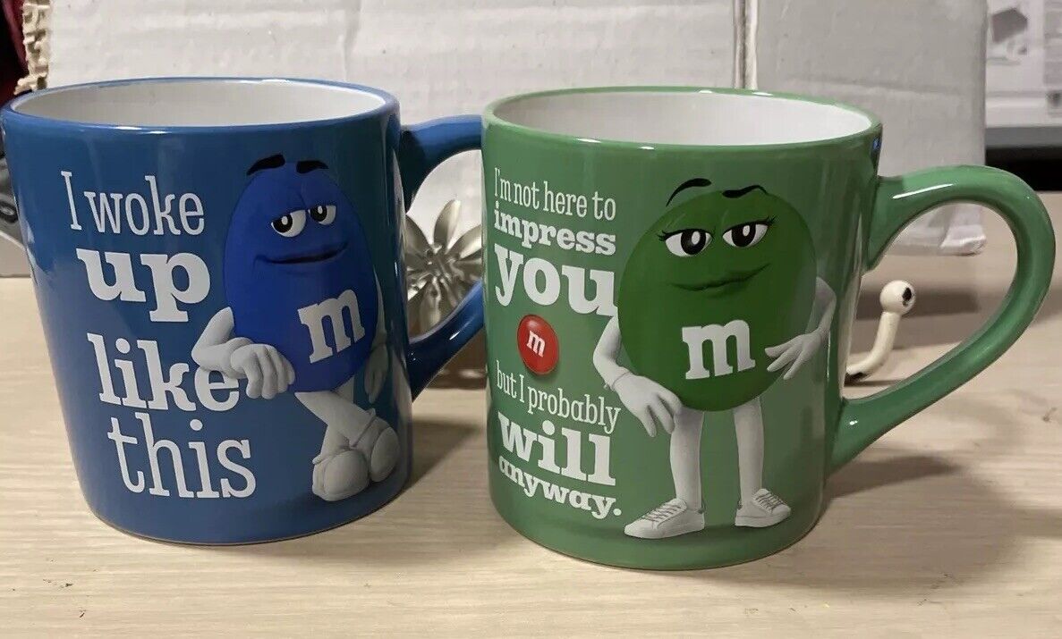 M & M Collectible Coffee Mugs Blue & Green Graphic Front Ceramic