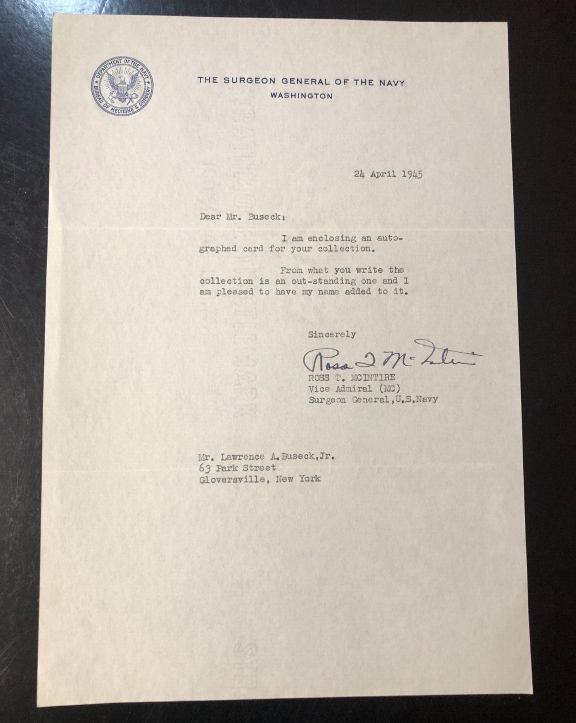 1945 Ross T. McIntire Signed Letter - First Physician to the President  (FDR)