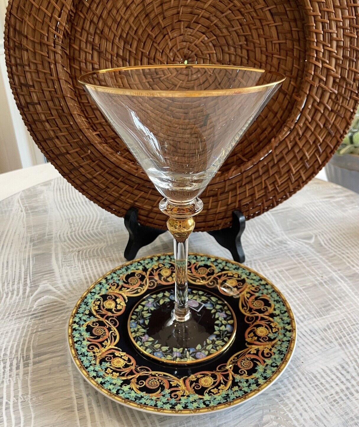 Vintage Crystal Martini/cosmo glass 8”~Stimas Romania Clear & gold embellished
