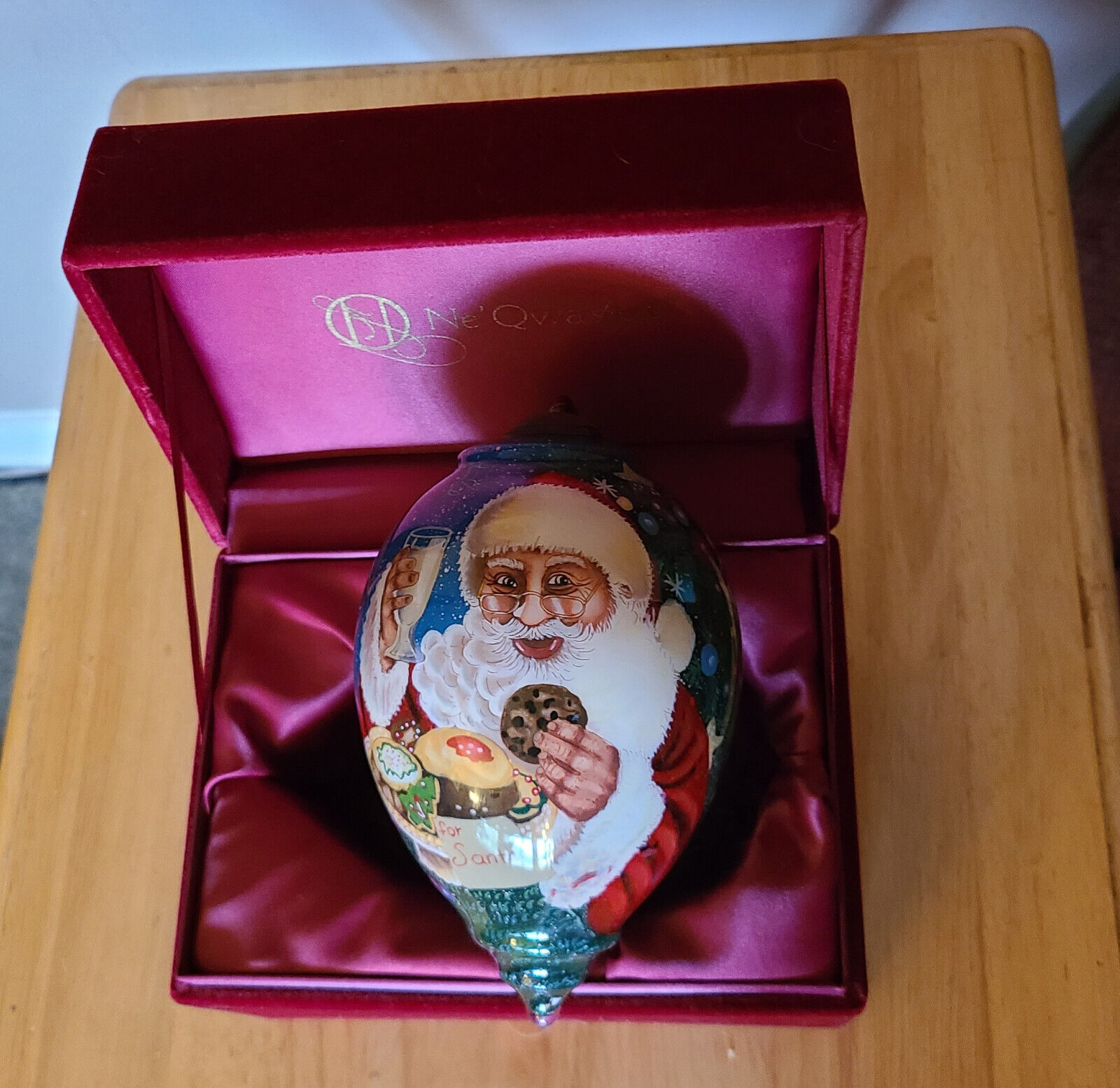 Ne Qwa Art Reverse Painted Christmas Ornament MILK AND COOKIES FOR SANTA IN BOX