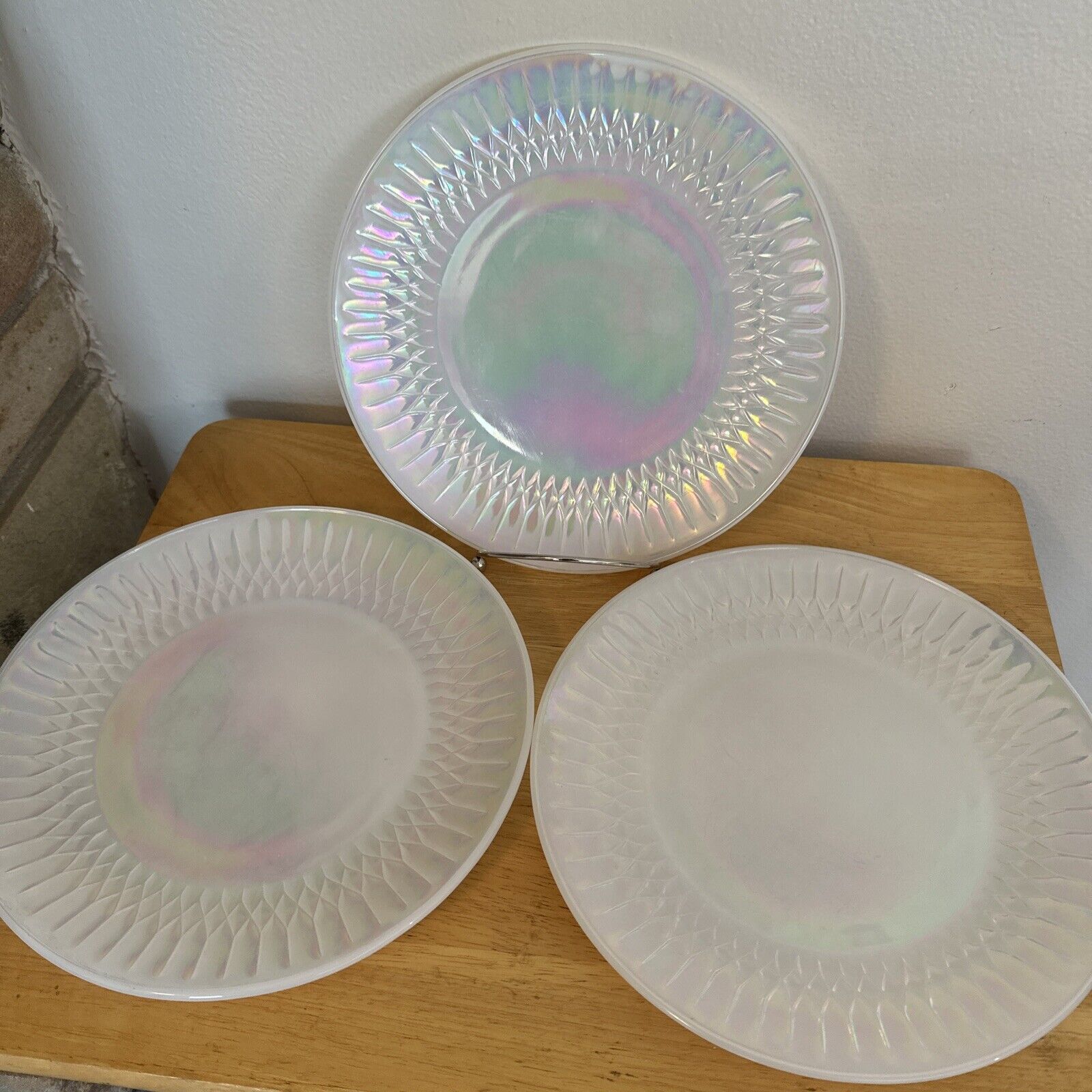 3 Federal Glass AURORA Borealis Heat Proof 10” Dinner Plates Rare Hard to Find