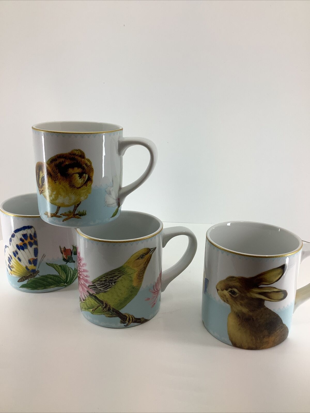 Williams Sonoma Set of 4 Spring Awaking Coffee Mugs Bird Butterfly Rabbit Chick