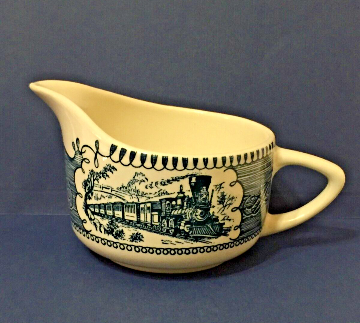 Vintage Blue and White Currier & Ives Creamer with Train Locomotive Design