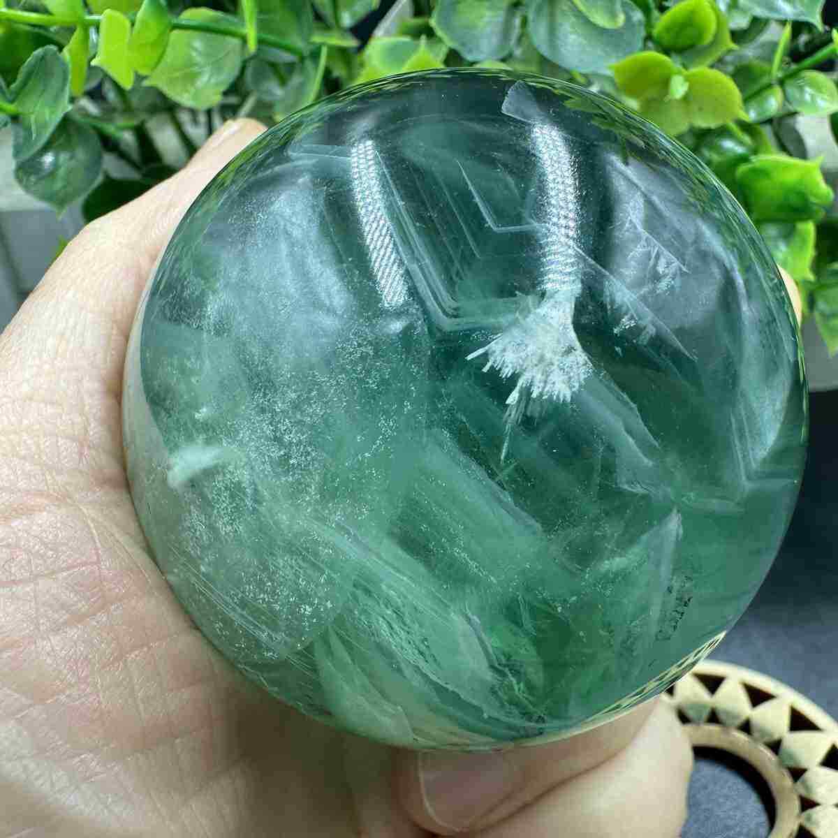 435g Natural Feather Fluorite Quartz Sphere Crystal Energy Ball Reiki Gem Decor 