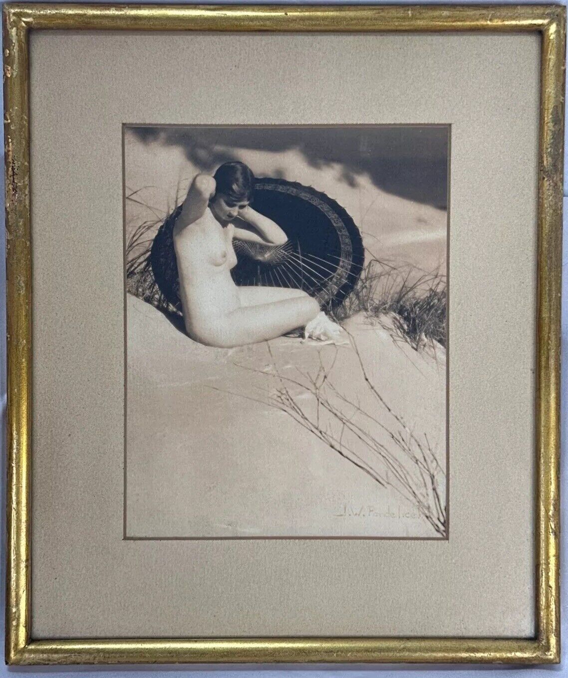 J.W. PONDELICEK Signed Girl with Umbrella Circa 1920s Framed Sepia Photo Pinup