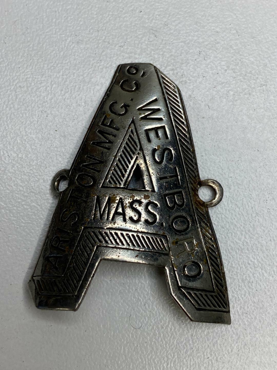 early antique ARISTON Mfg Co  bicycle HEAD BADGE tag Westboro, Mass