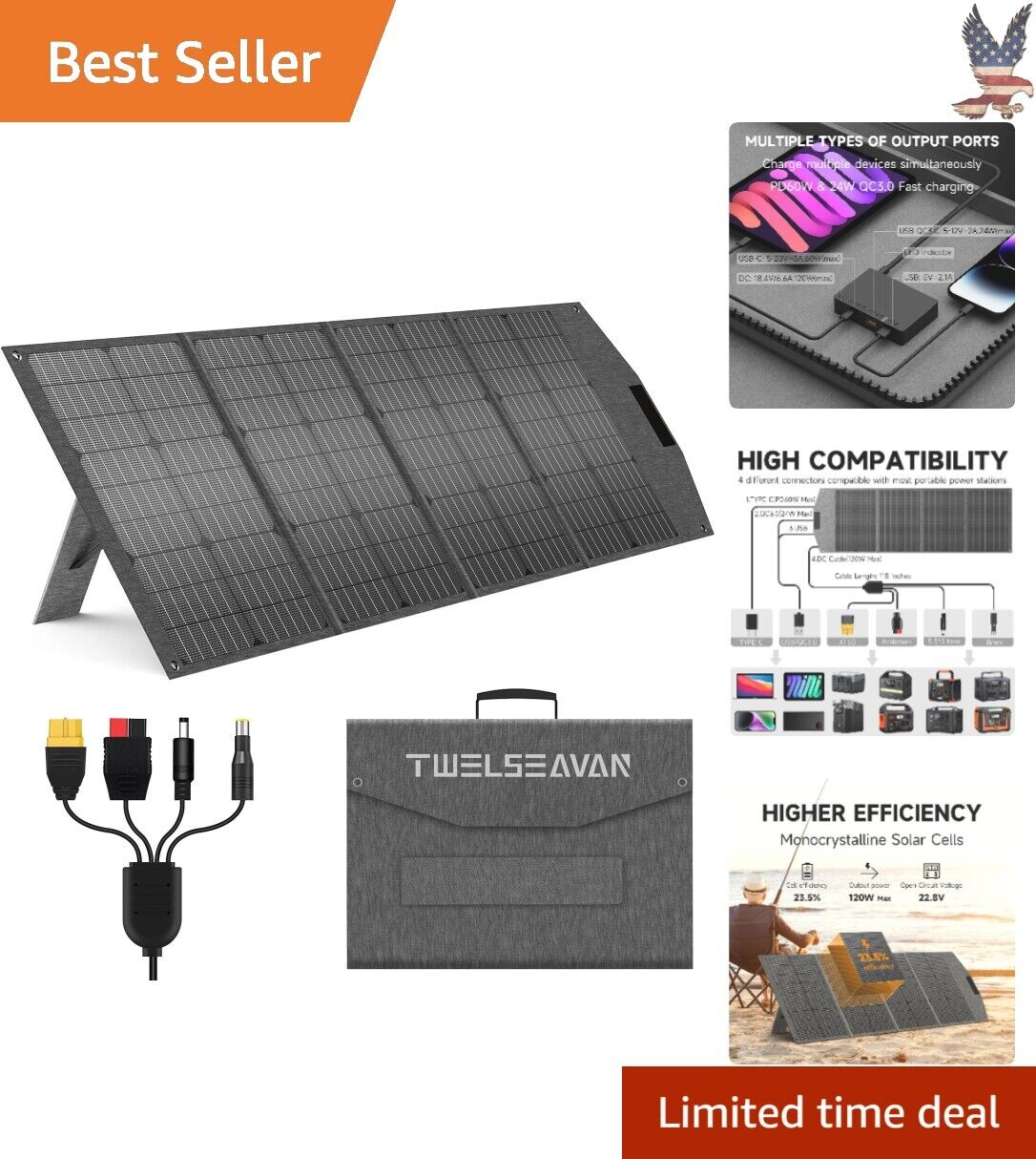 Portable Solar Panel - Superior USB, QC3.0, PD60W - Fast Charging