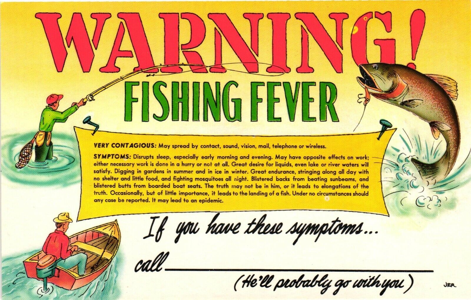 Vintage Postcard - Warning Fishing Fever Comedy Cartoon Card Un-Posted #3948