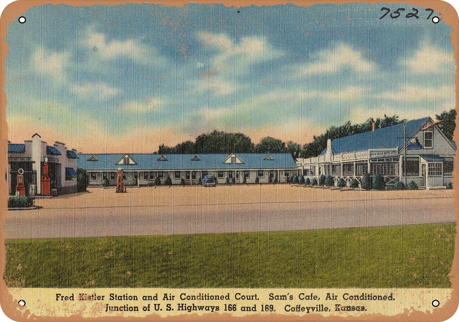 Metal Sign - Kansas Postcard - Fred Kistler Station and Air Conditioned Court,