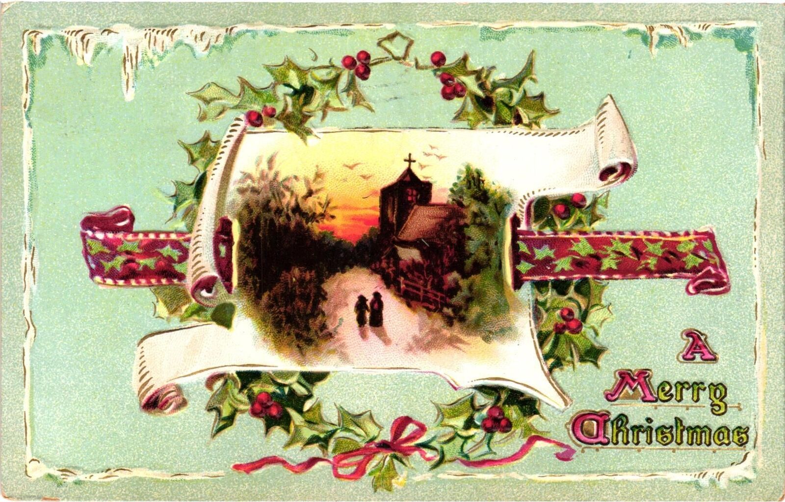 Vintage Postcard- A MERRY CHRISTMAS, TWO PEOPLE WALKING DOWN A LANE TOWARDS A CH