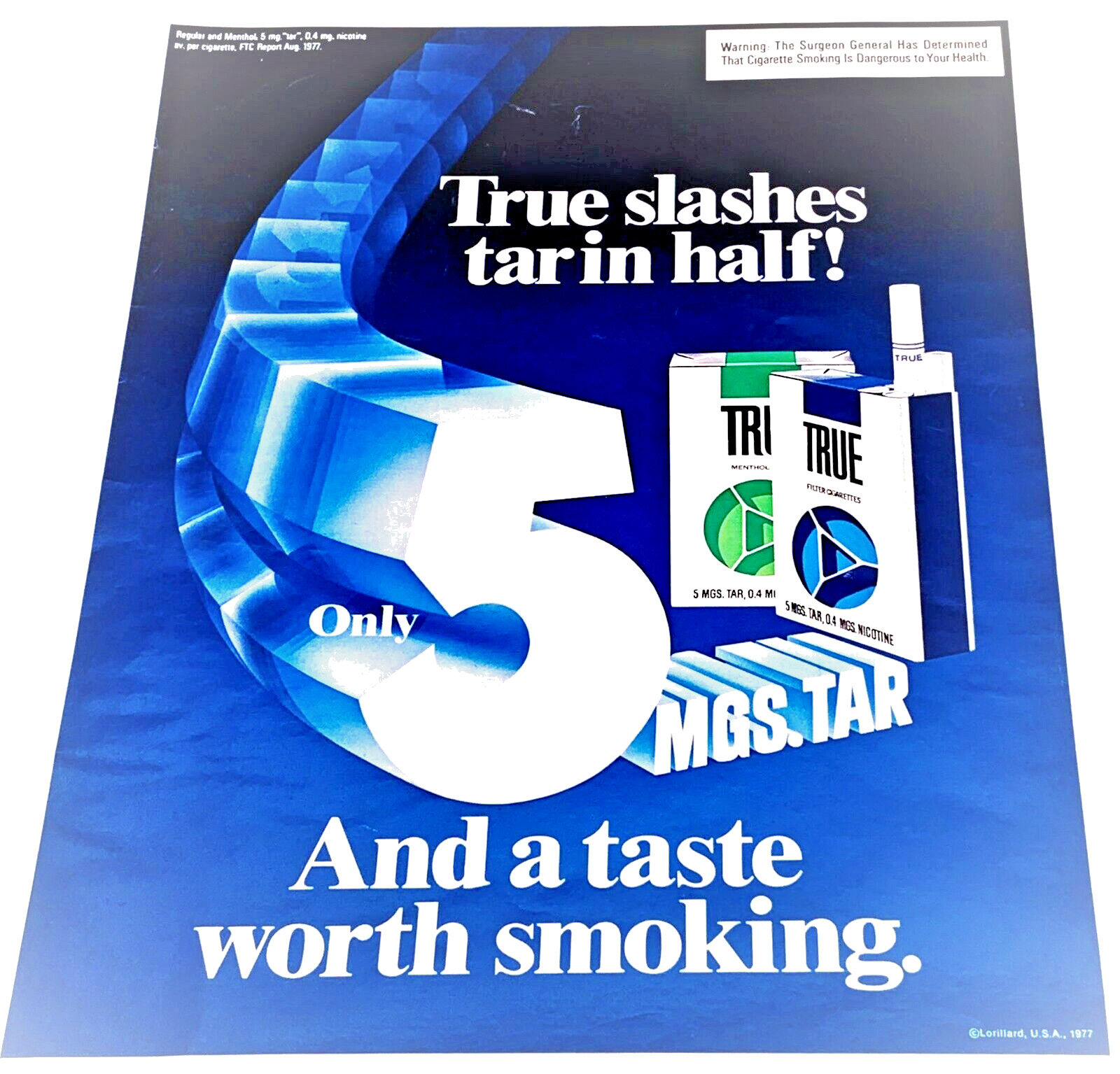 1978 True Regular Menthol Cigarettes Vintage Print Ad Slashes Tar In Half