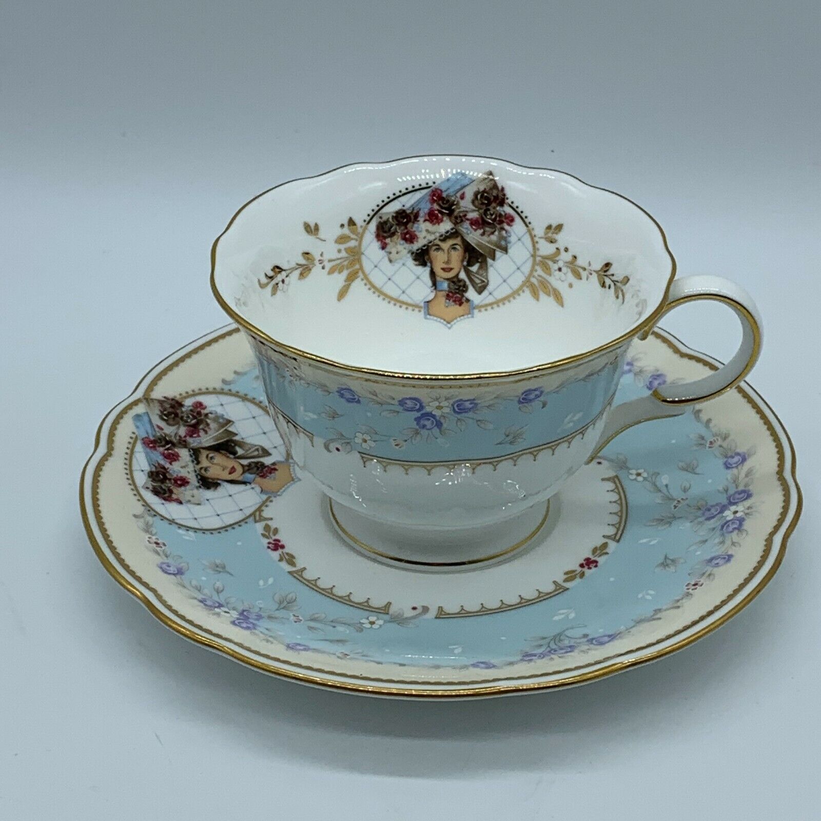 Vintage Victorian Lady Cup and Saucer Set Avon Honor Society 1998 Blue Japan  