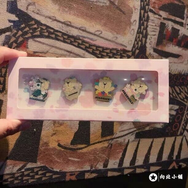 New Starbucks 2021 China Sakura Bear Four Pieces Gift Box Pin Set