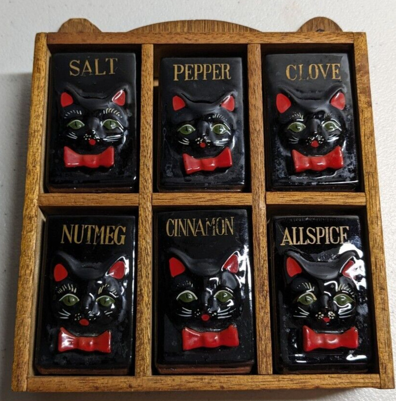 Vtg Shafford Wood Cat Spice Rack With 6 Red Ware Cat Faces Spice Jars 1950\'S