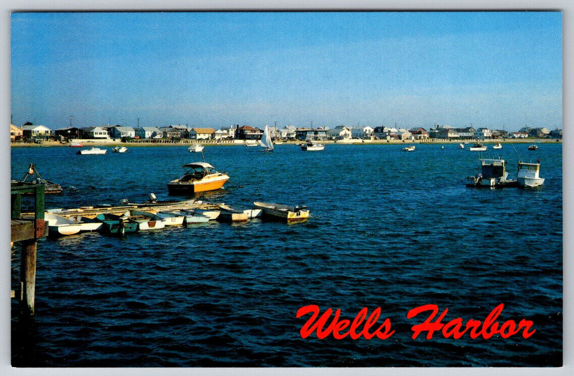 Wells Harbor Maine Beach Boats Ships Dock Fishing Pleasure USA Postcard VTG