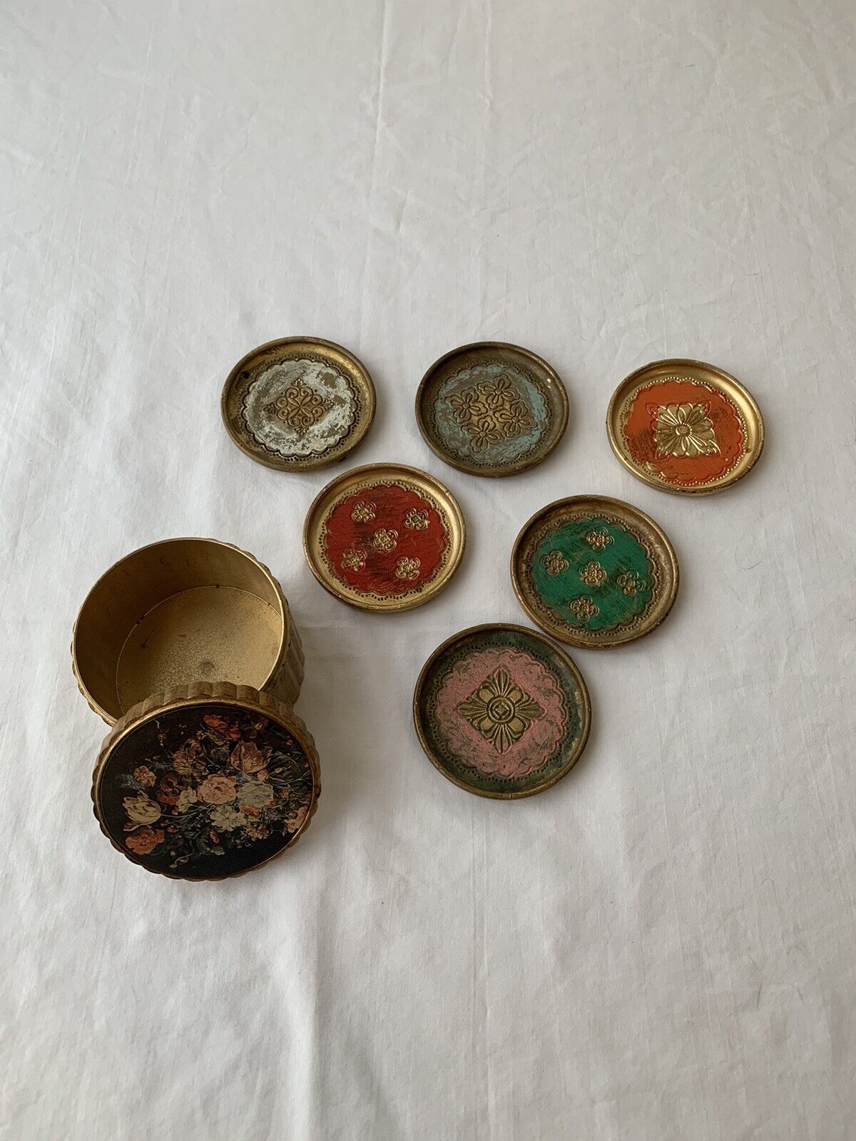 Vintage Florentine Coasters Made in Italy Set of Six in Box Gold Gilt Floral 