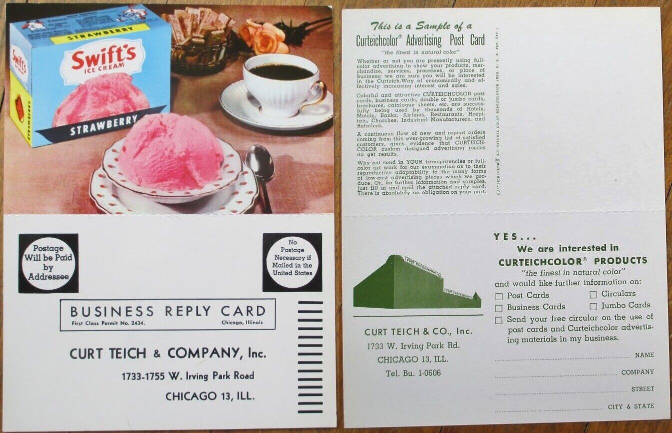 Swift\'s Ice Cream 1950s Curt Teich Salesmen\'s Sample Chrome Advertising Postcard