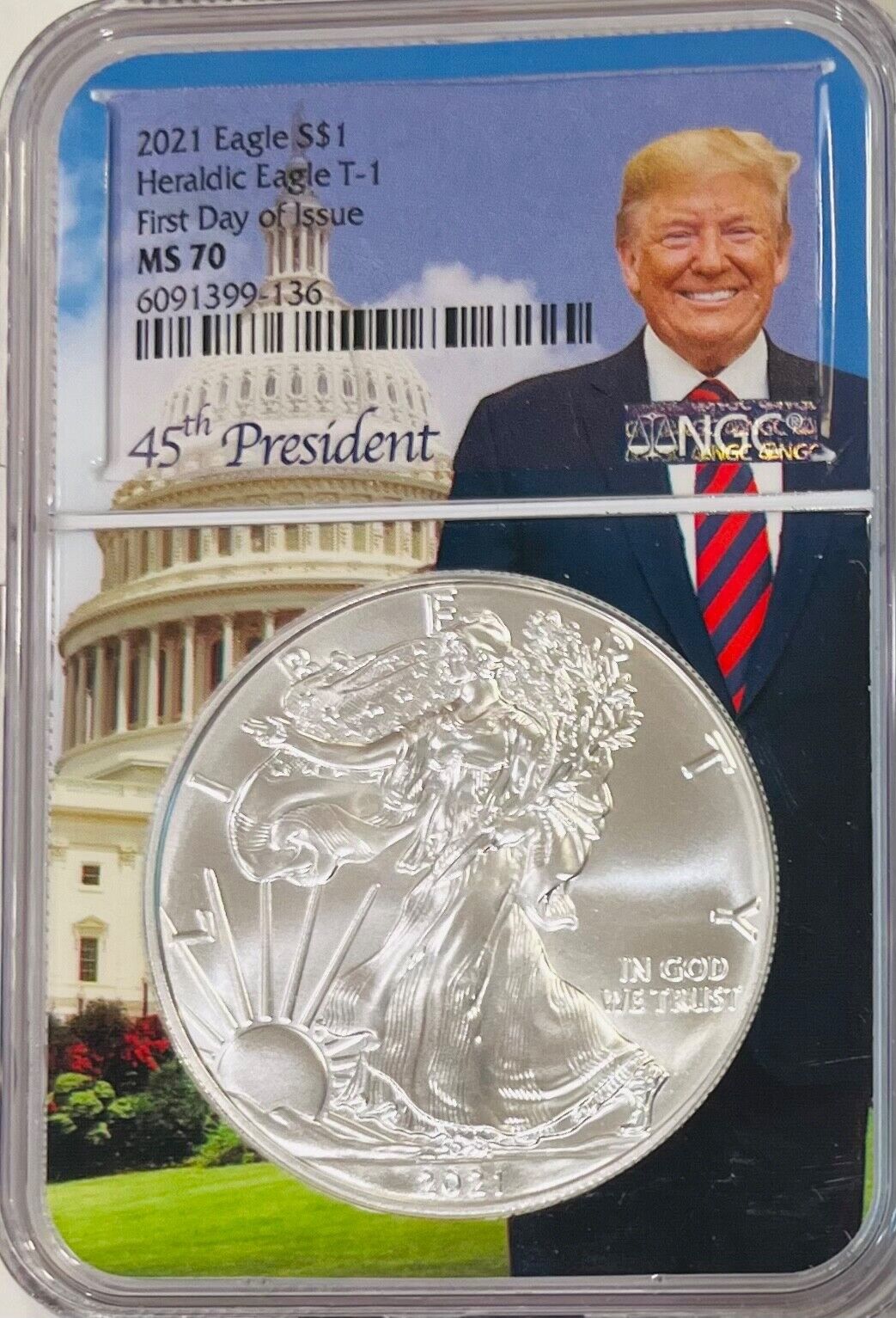2021 American Silver Eagle $1  T-1 DONALD TRUMP  NGC MS70 FIRST DAY OF ISSUE