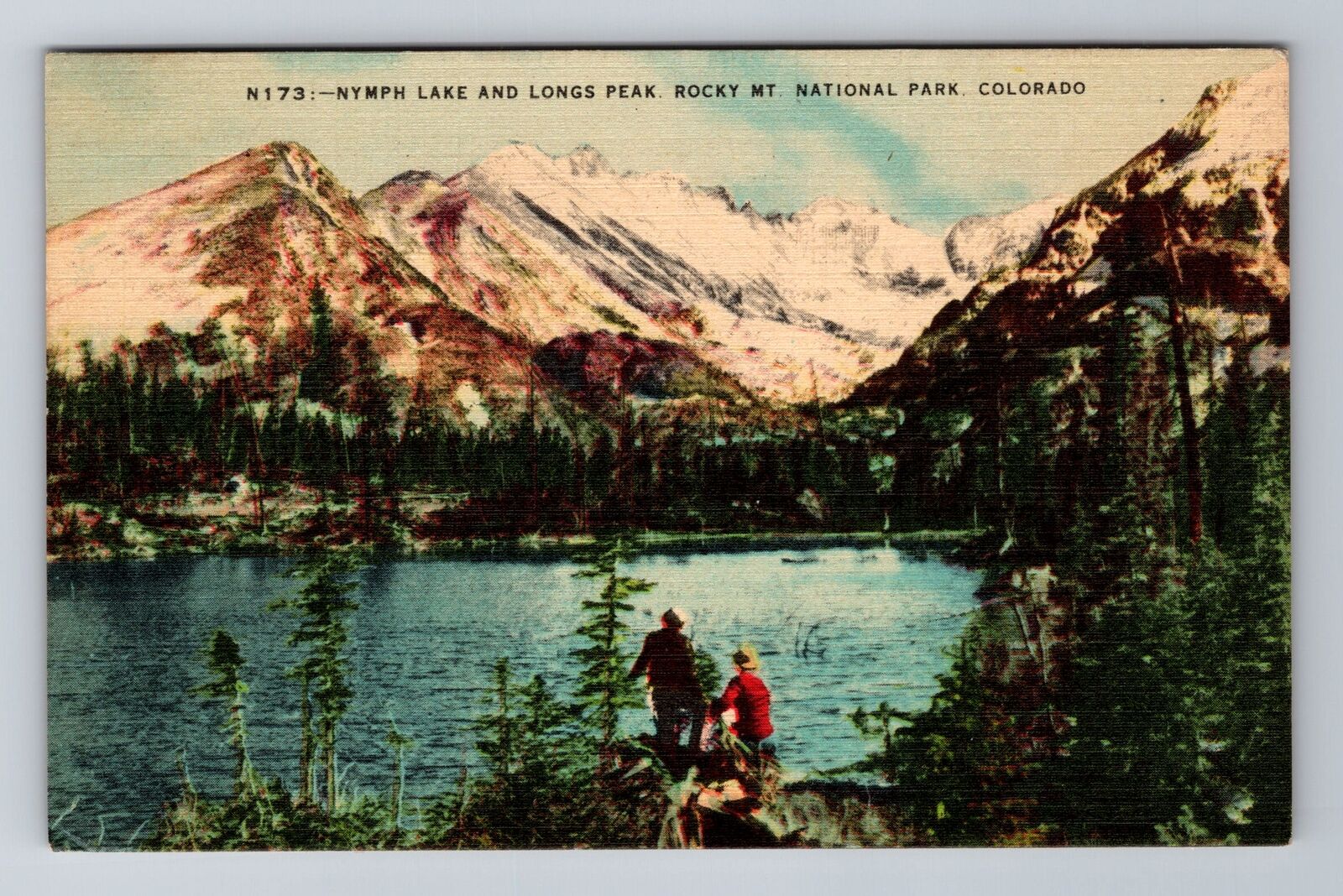 Rocky Mountain Nat\'l Park CO-Colorado, Nymph Lake, Fishermen, Vintage Postcard