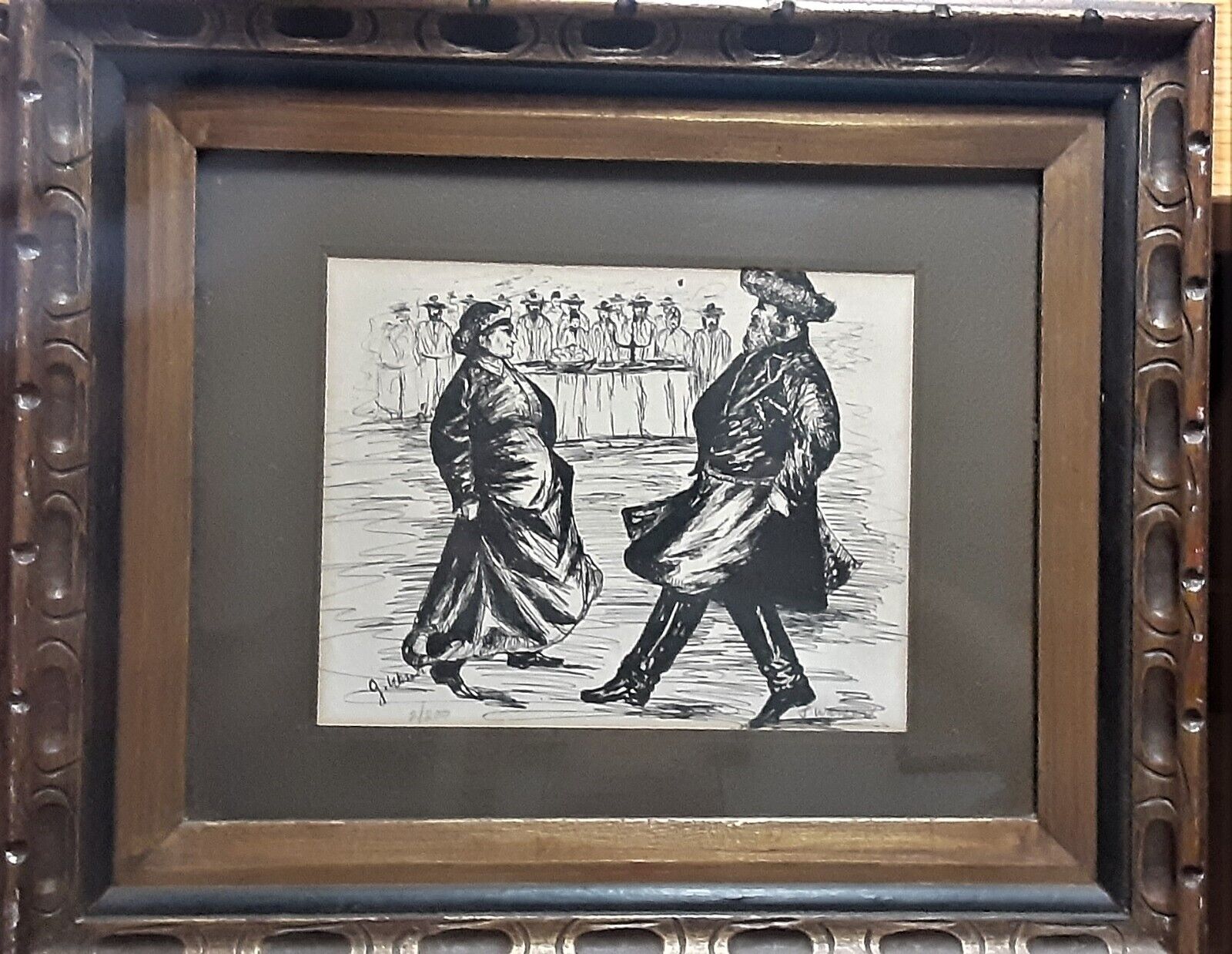 J. Wasser Pencil Signed Lithograph 2/200 Jewish Couple Dancing 1971 Glass Framed