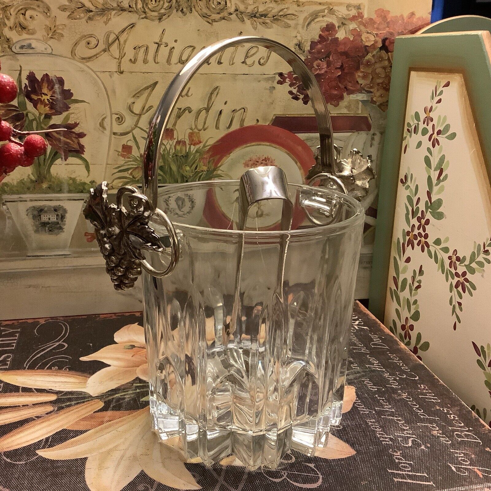 Lead Crystal Ice Bucket~w/Tongs~Silverplated Handle~w/Side Grapes~Beautiful/LOVE