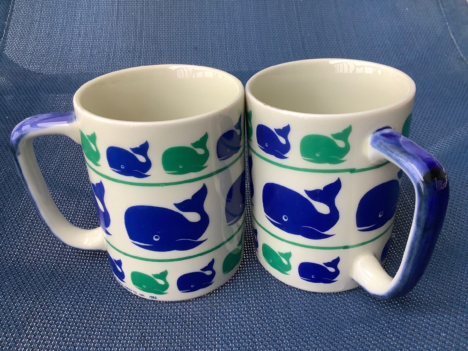 Vintage 80s Whale Coffee Mugs Cups Set of 2 Blue Green Nautical Beach Cottage 