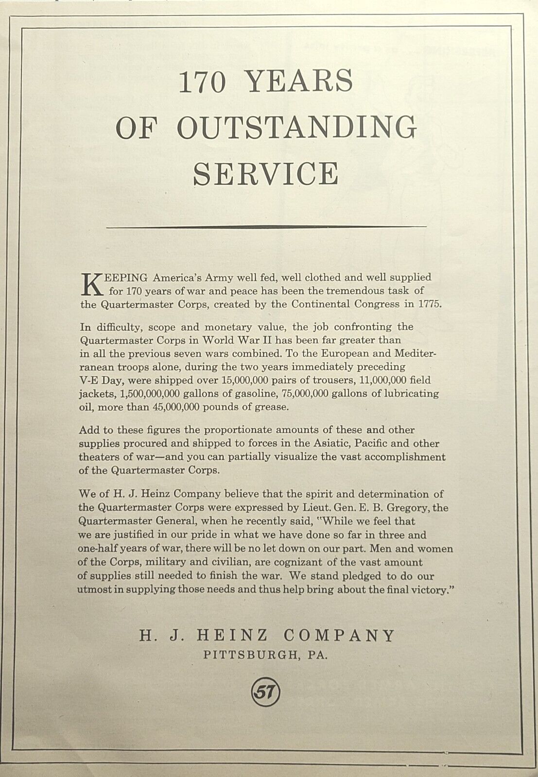 Heinz Keeping America's Army Supplied Salute Quartermaster Vintage Print Ad 1945