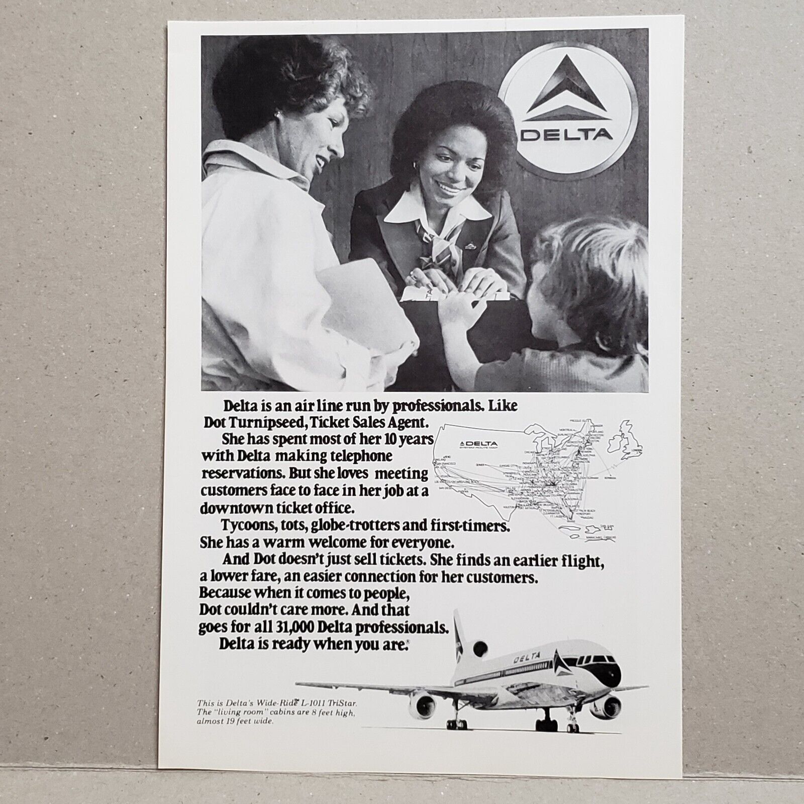 1978 Delta Airlines Print Ad Wide Ride L1011 TriStar Dot Turnipseed