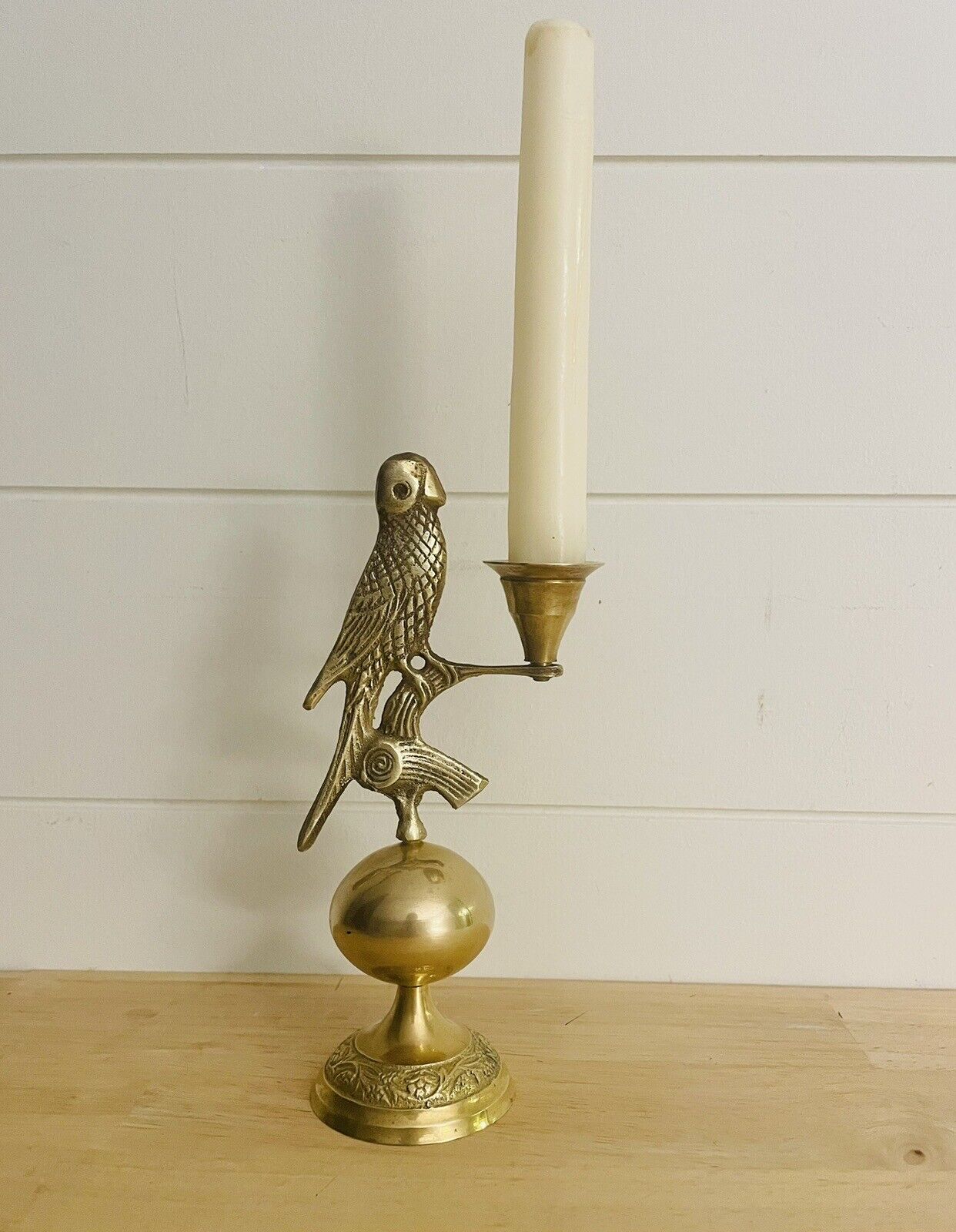 Vtg Parrot Brass Candleholder Tropical Bird