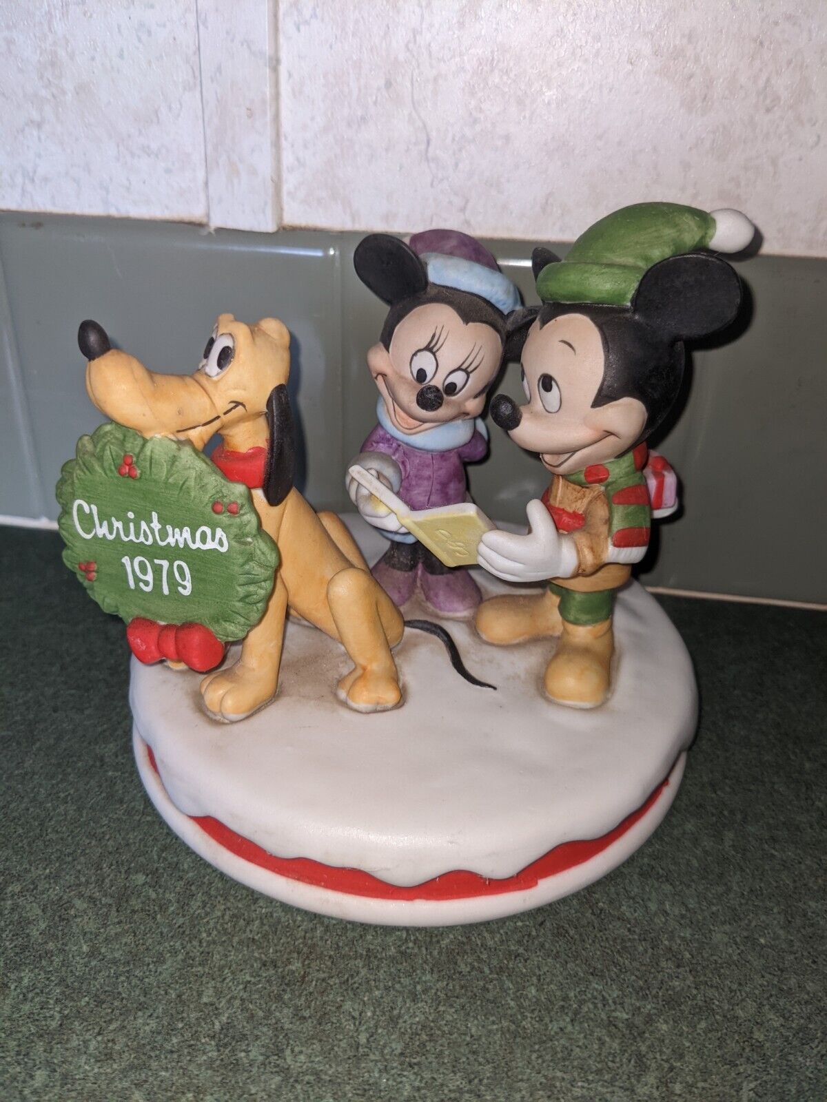 1979 Walt Disney 1st Edition Mickey Minnie Pluto Christmas Bisque Figurine Japan