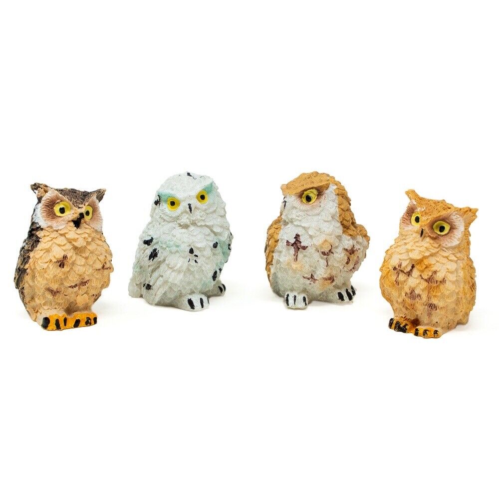 Realistic Colorful Owl Birds Figurine Set of 4. 1” Tall