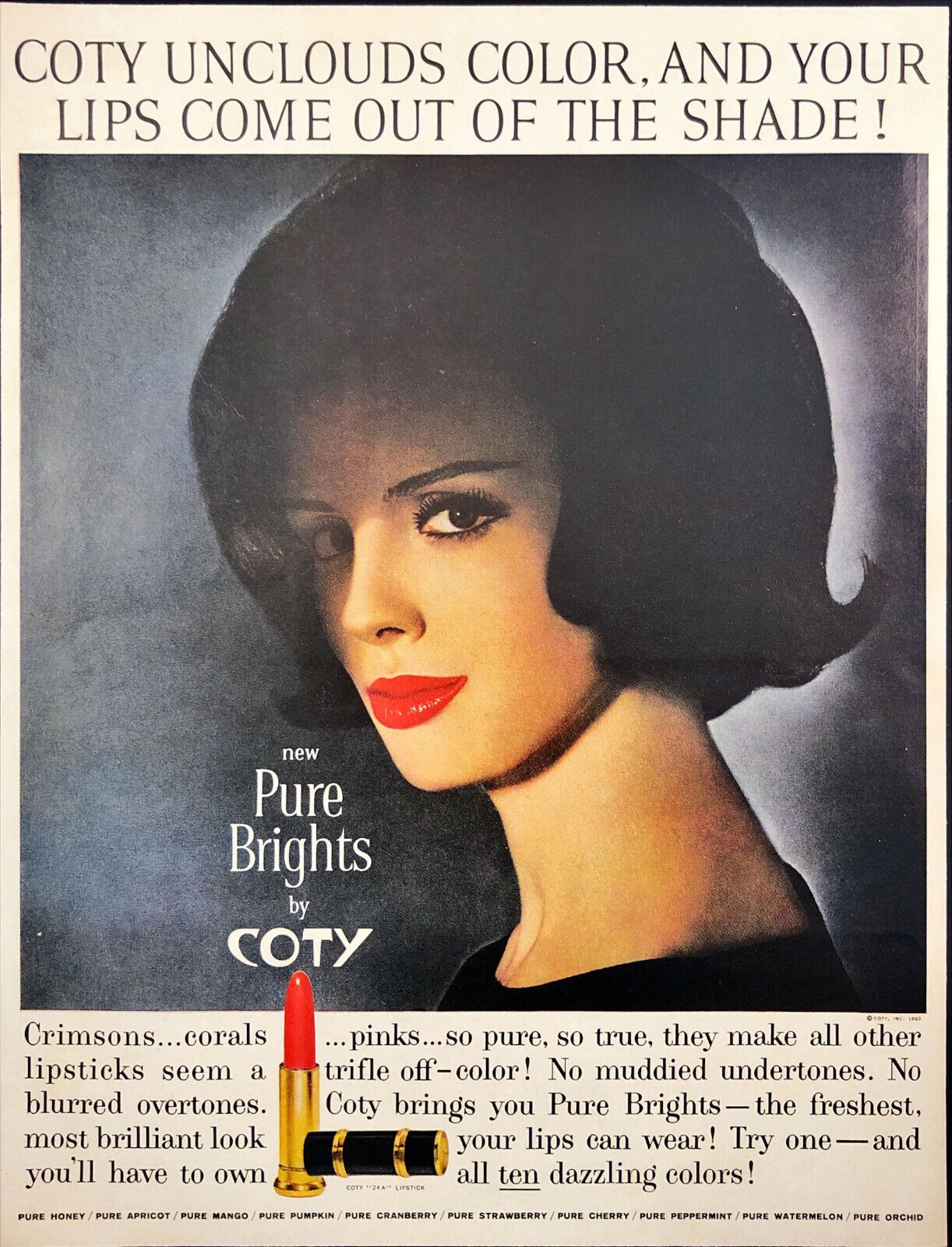1961 Coty Lip Stick Pretty Woman with Red Lip Stick Vintage Print Ad