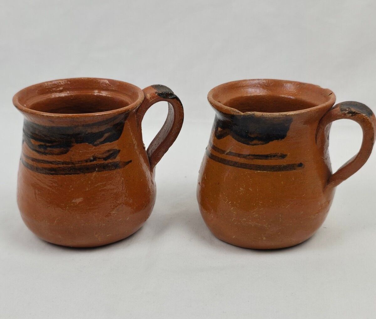 Vintage Handmade Authentic Mexican Terra Cotta Cups Mugs Hand Painted Set Of 2