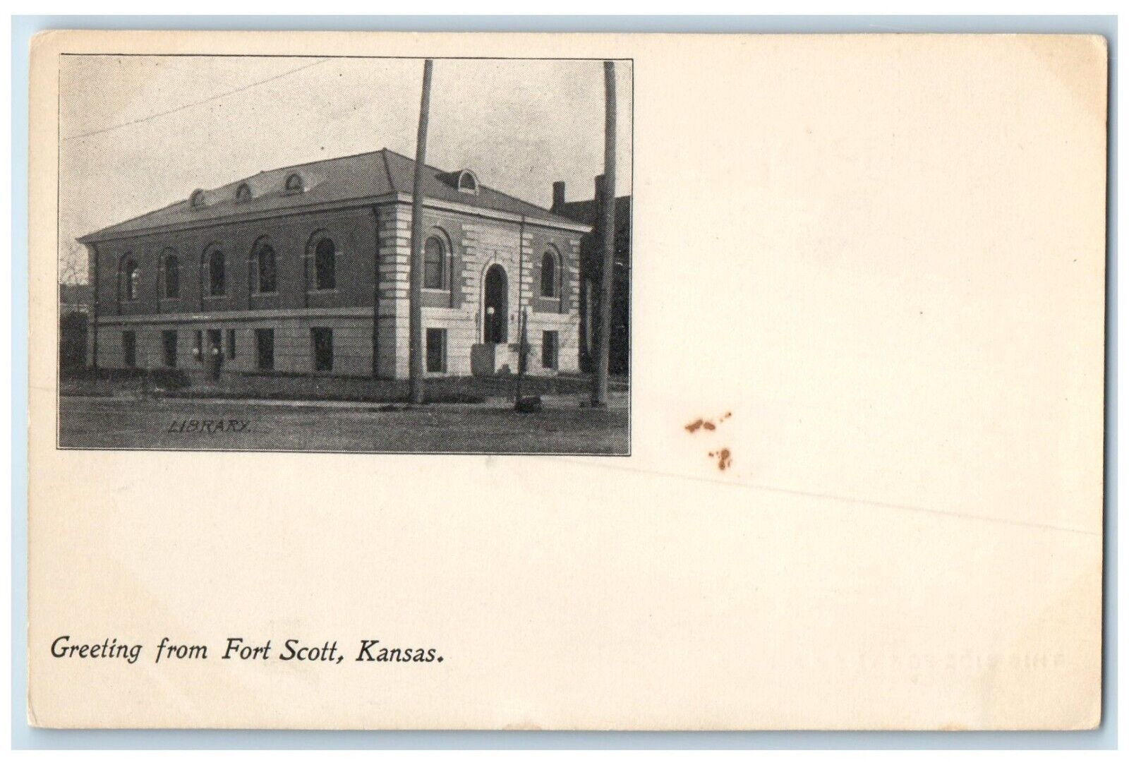 c1905 Greeting From Library Exterior Building Fort Scott Kansas Vintage Postcard
