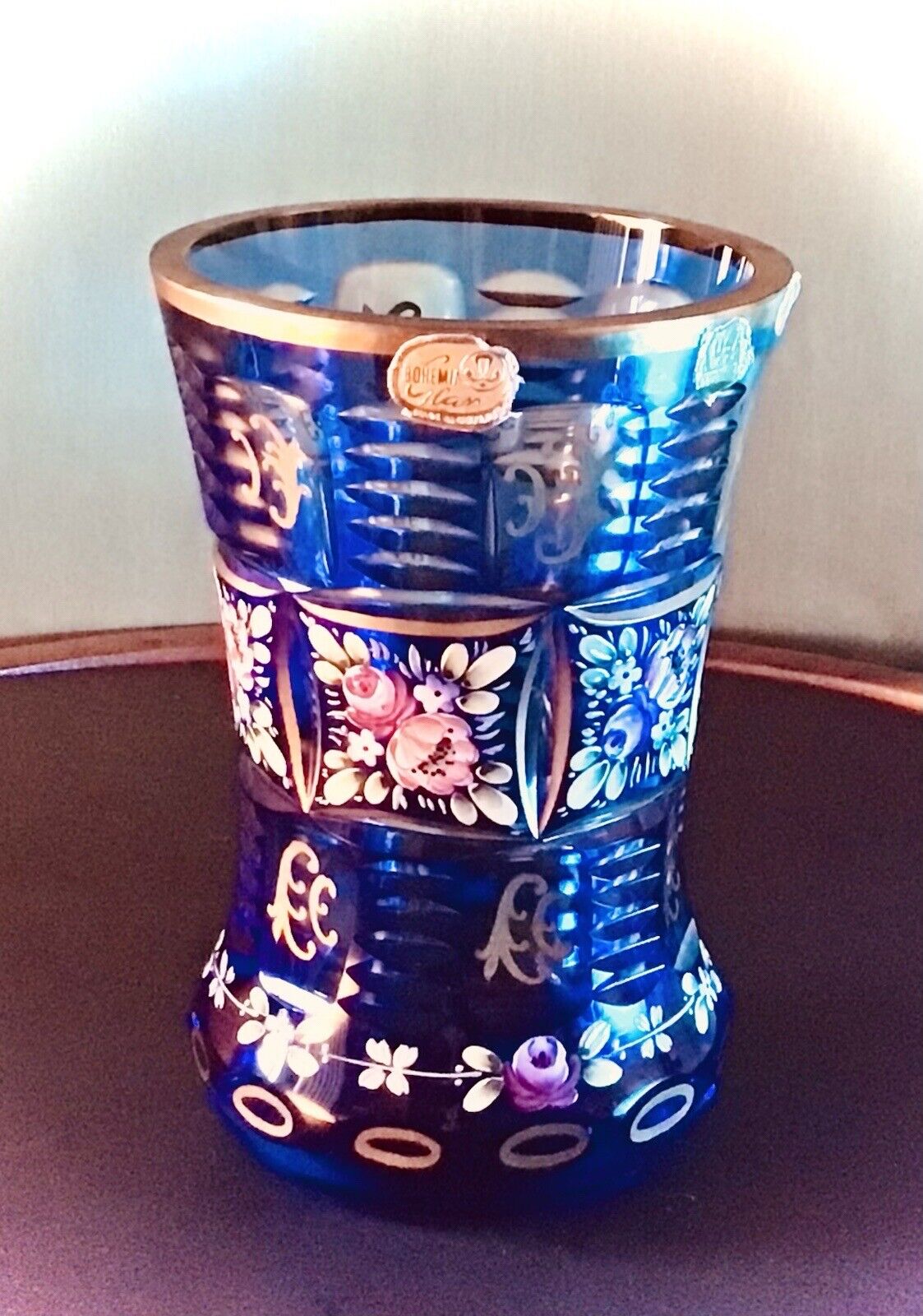 BOHEMIA CZECH COBALT BLUE CRYSTAL EARLY 19th CENTURY CUT ETCHED GOBLET 1950s ERA
