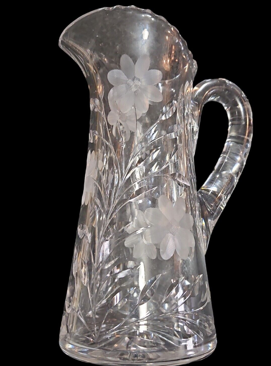 Antique American Brilliant Cut Glass Pitcher Etched Water Floral Vintage 11\