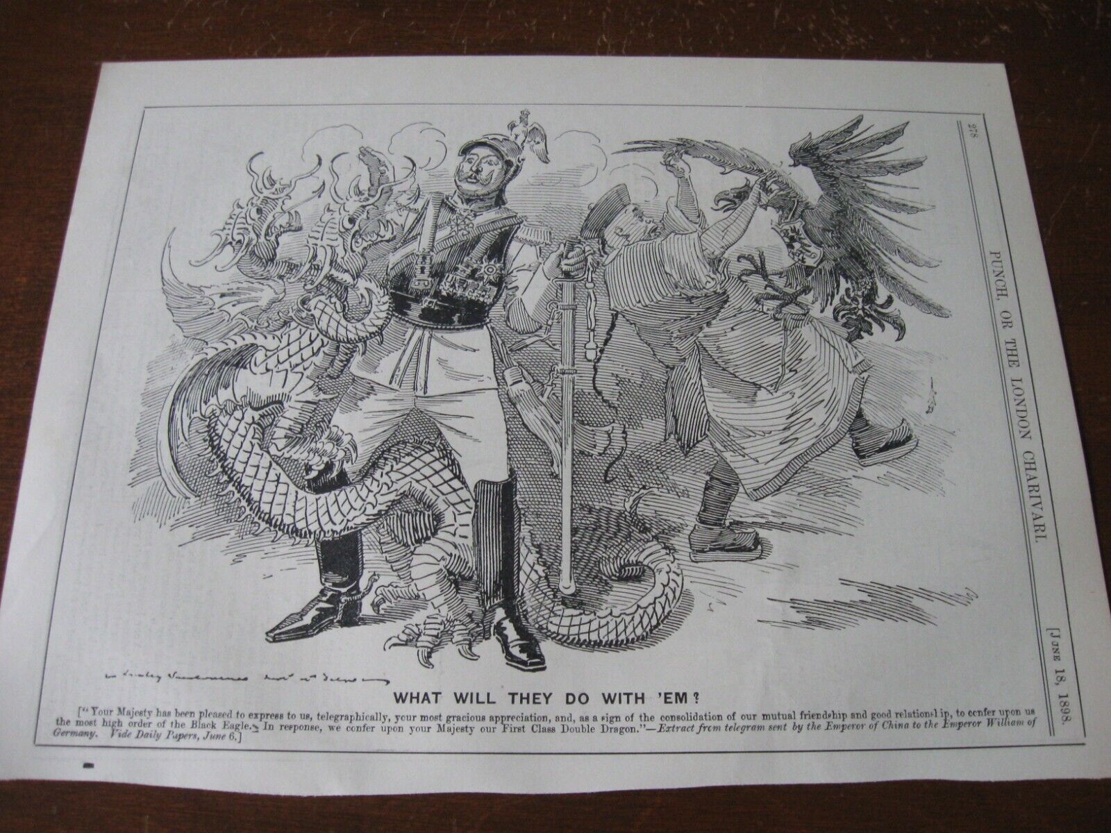 1898 Original POLITICAL CARTOON - GERMANY and CHINA w DRAGON and EAGLE Gifts