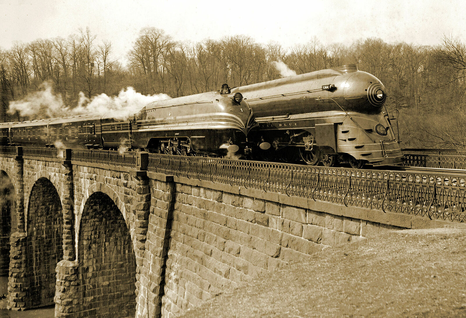1939 Streamlined Trains on  Viaduct Bridge Vintage Old Photo 8.5