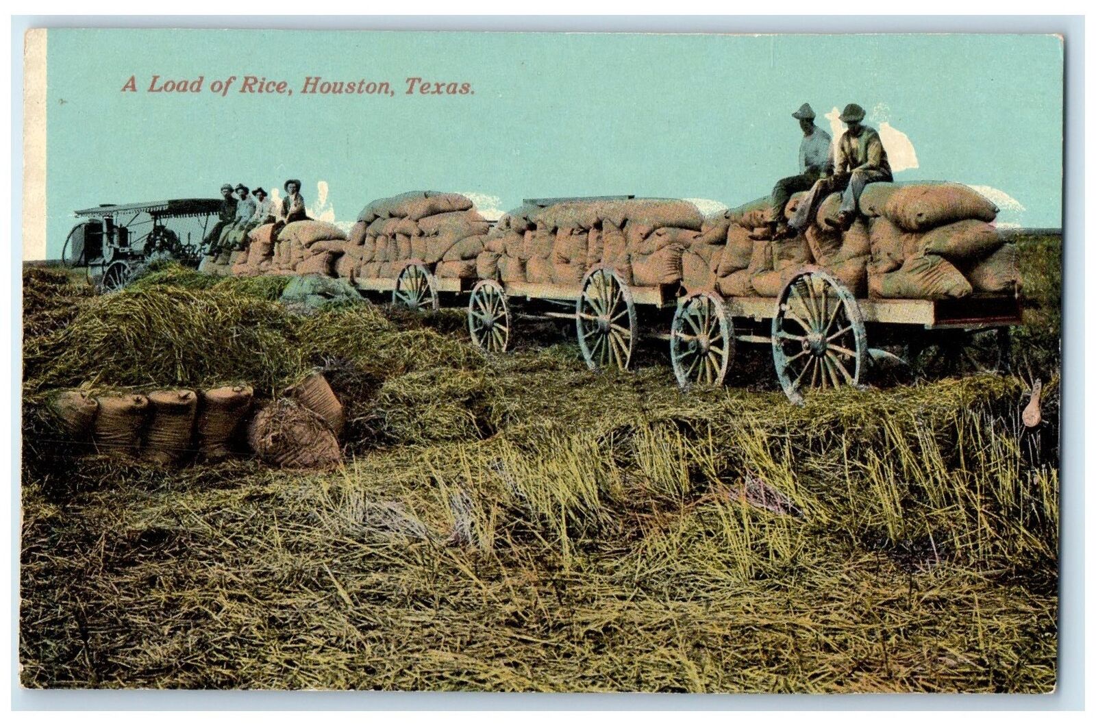 c1910\'s A Load Of Rice Harvesting Farmers Train Cargos Houston Texas TX Postcard
