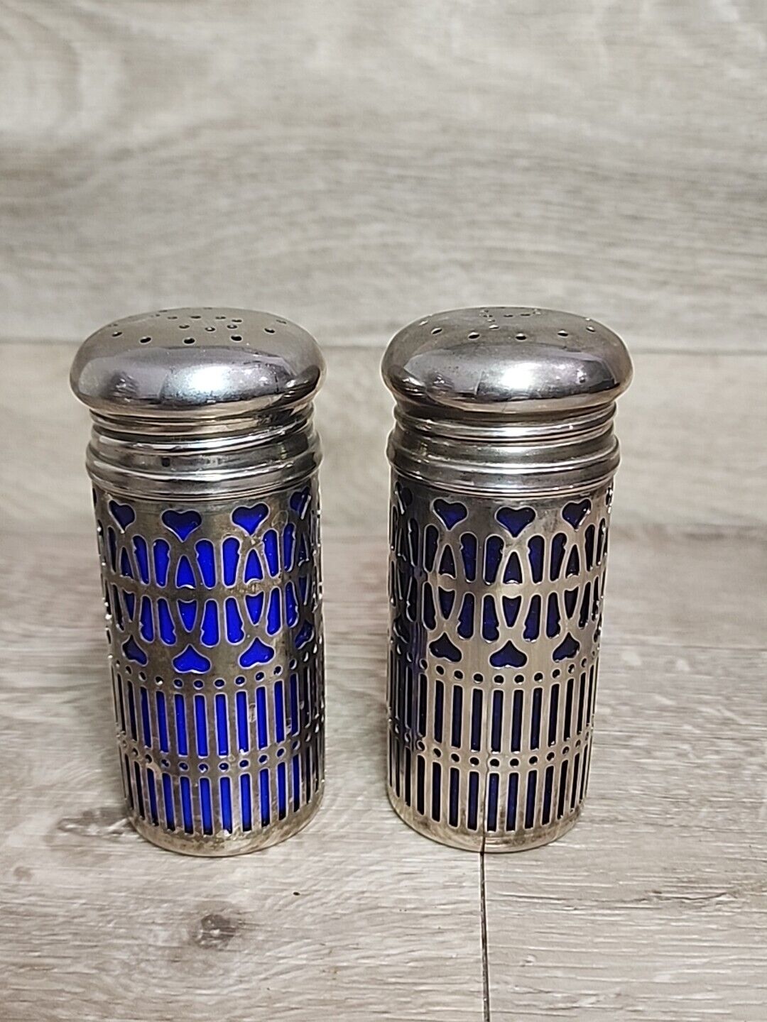 Vintage Godinger Cobalt Blue Glass And Silver Plated Salt & Pepper Shakers
