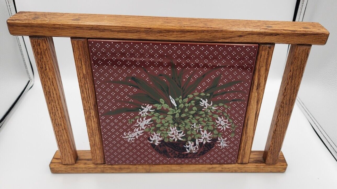 Vintage Floral Planter Trivet Tile Hot Plate -Retro Kitchen Decor Wooden