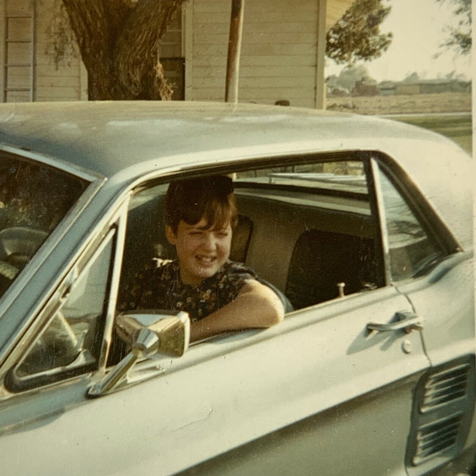 AwD) Found Photo Photograph Lady Woman In Old Ford Mustang Window 