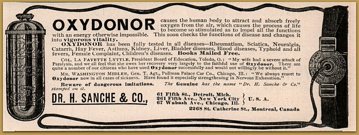 Early 1900\'s  Dr Sanche Oxydonor Quack Cures Paralysis Col La Fayette Lyttle Ad 