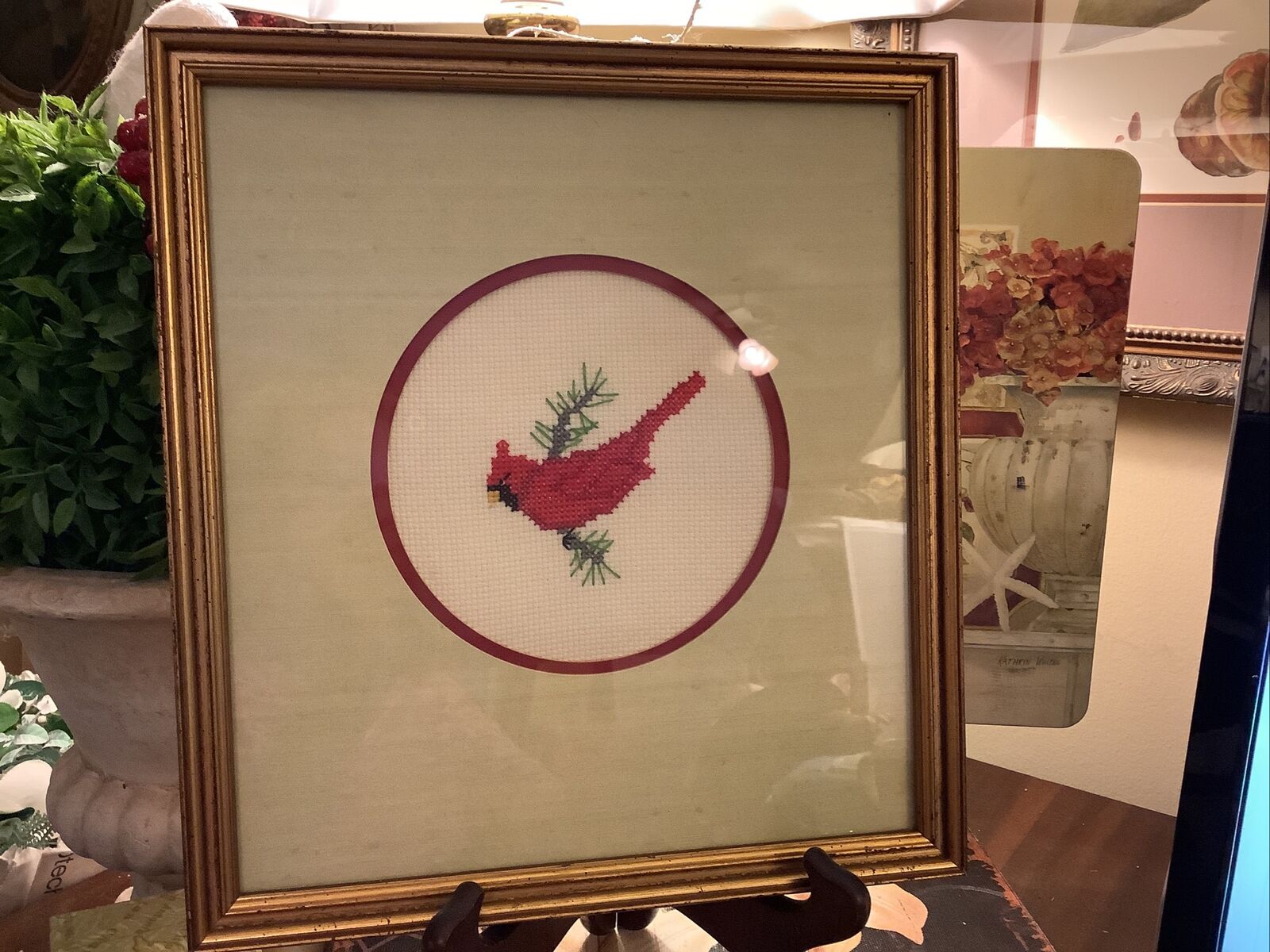 Red Bird/Cardinal~Needlework/Cross Stitch~Art Work~Custom Framed~10.5”x9.5”~NICE