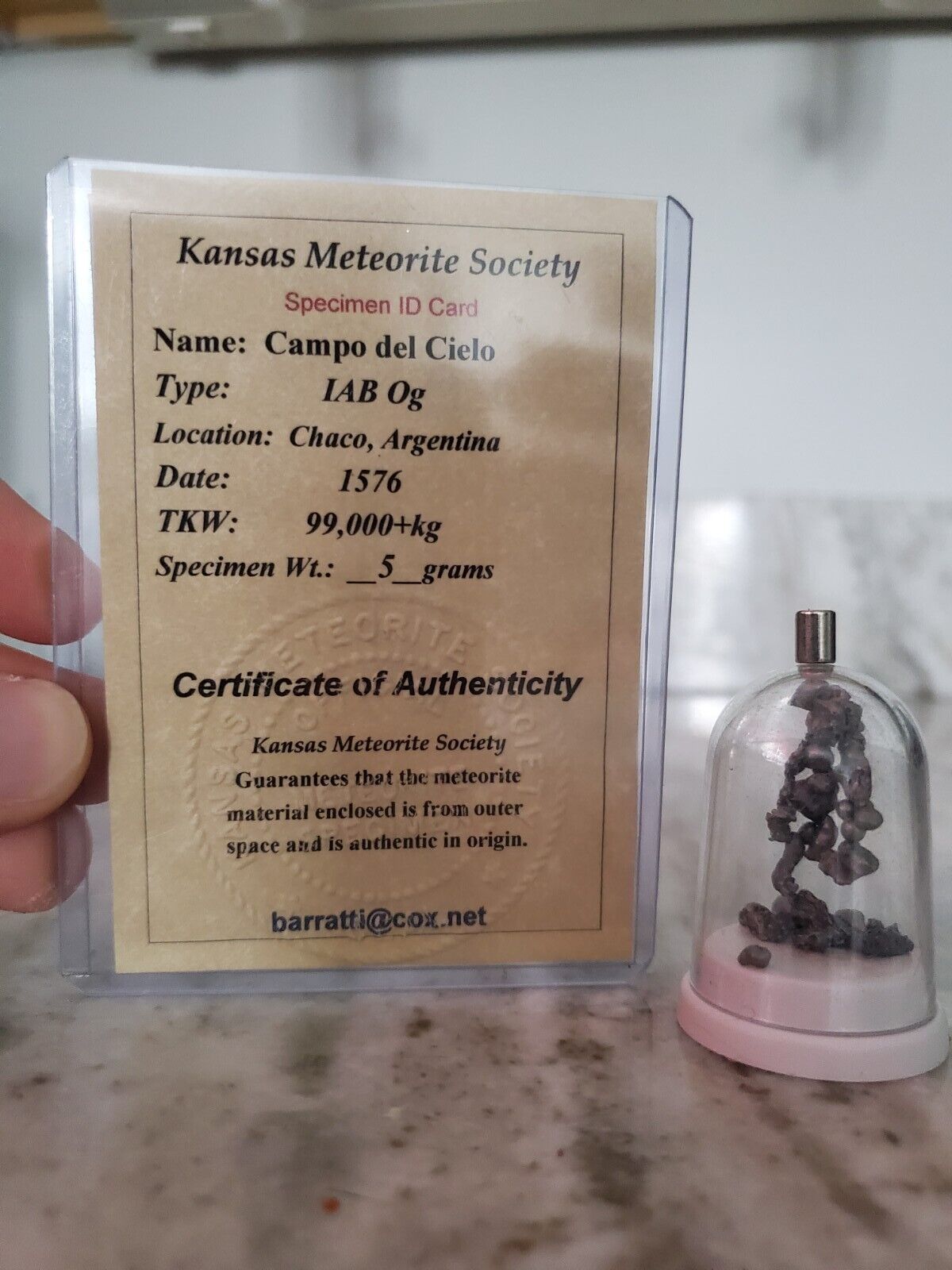Camp del Cielo Meteorite 5g with COA from Kansas Meteorite Society