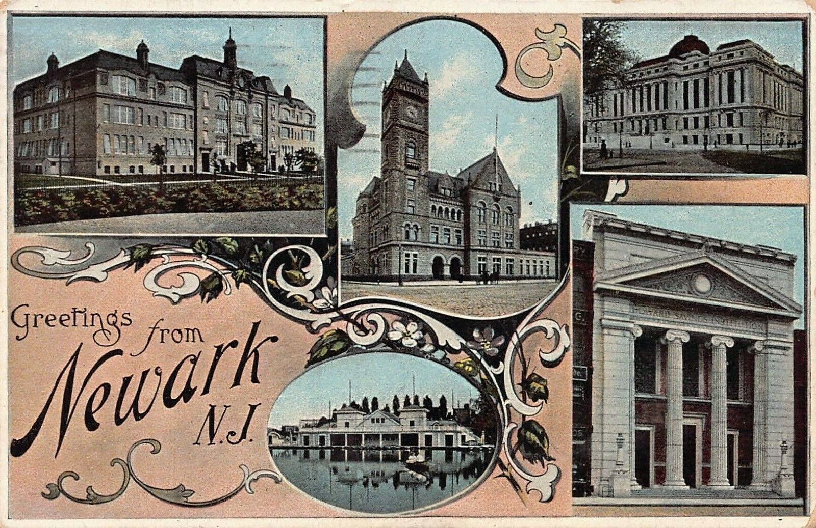 Five Views and Greetings from Newark, New Jersey, early postcard, used in 1909
