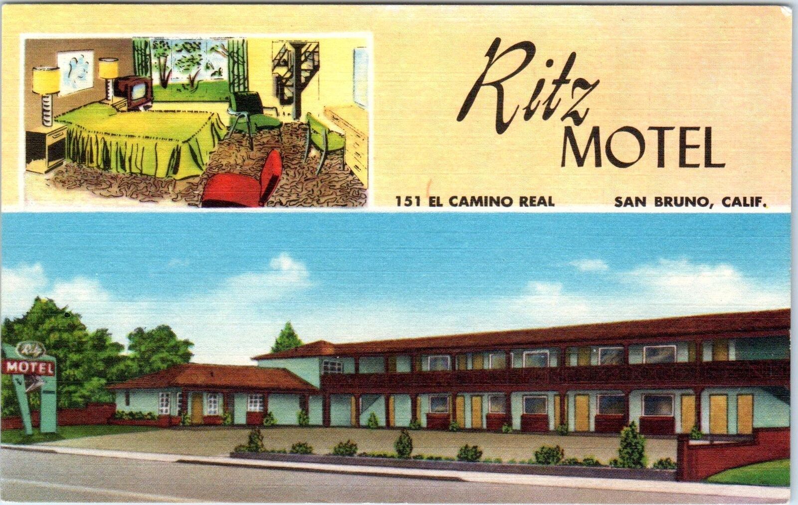 SAN BRUNO, CA California   RITZ MOTEL   c1950s  Roadside  Linen    Postcard