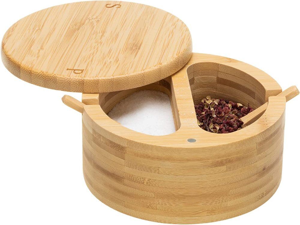 Bamboo Salt and Pepper Bowl Box - 2 Compartments Container Salt Cellar Storage