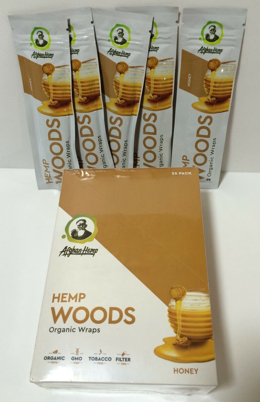 FULL BOX HONEY FLAVOR Afghan Woods Herbal Wraps w/ Tips / Natural 25/2ct Packs