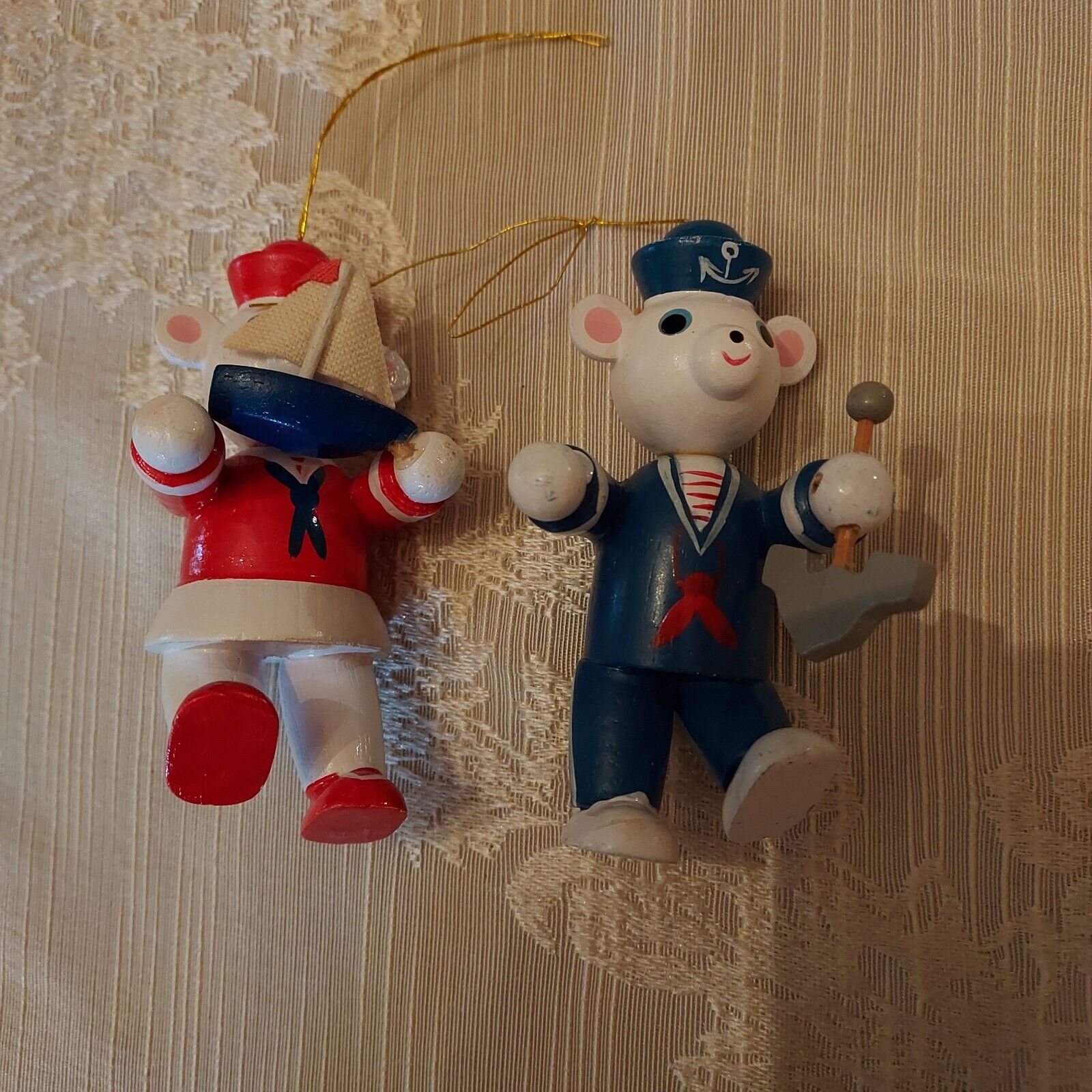 Vintage Patriotic Nautical Wooden Hand Painted Bear Christmas Ornaments